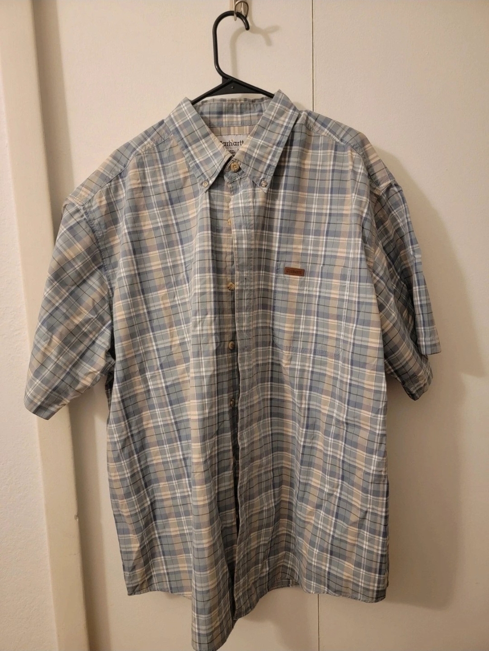 Carhartt Men's Light Blue and Cream Plaid Short-Sleeve Button-Down Shirt